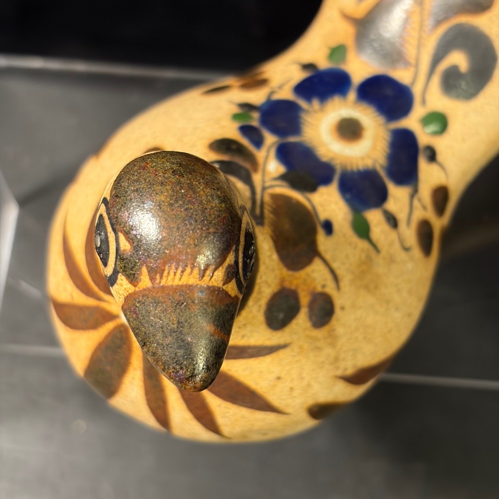 Tonala Mexican Pottery Bird Figurine Hand Painted Floral Folk Art 6.5 Inch